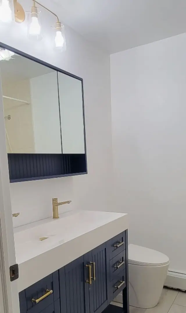 A renovated bathroom with a navy vanity, white top, brass faucet and recessed cabinet